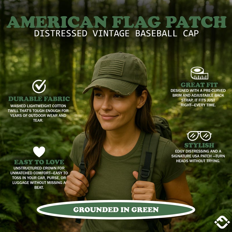 Funky Junque Cool Mom Beach Baseball Cap for Women, Distressed Vintage Dog Mom Hat Embroidered Adjustable Unconstructed Cotton - American Flag - Olive - Image 2